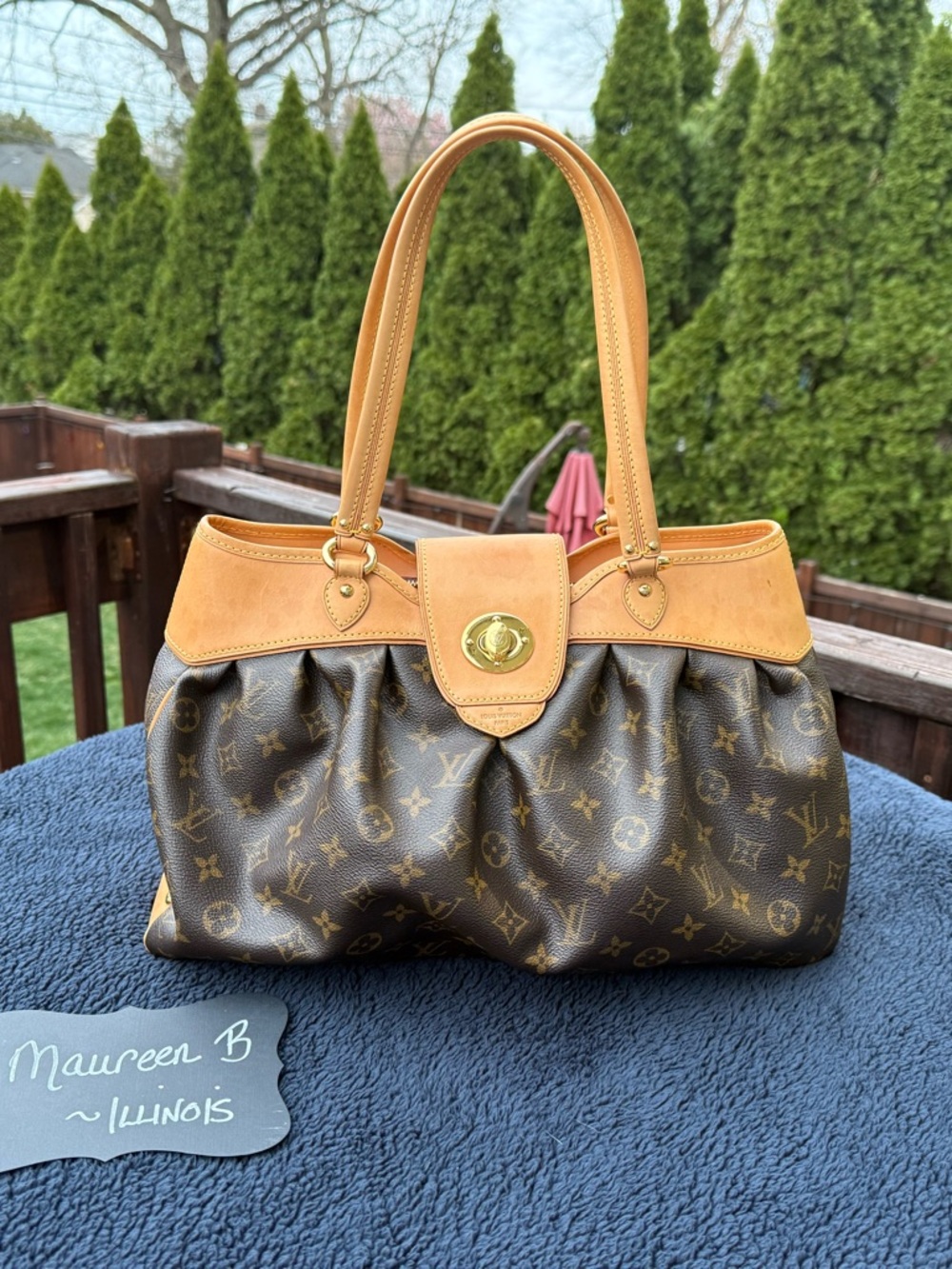 Stunning Louis Vuitton Boetie MM Monogram Canvas & Tan Leather Tote